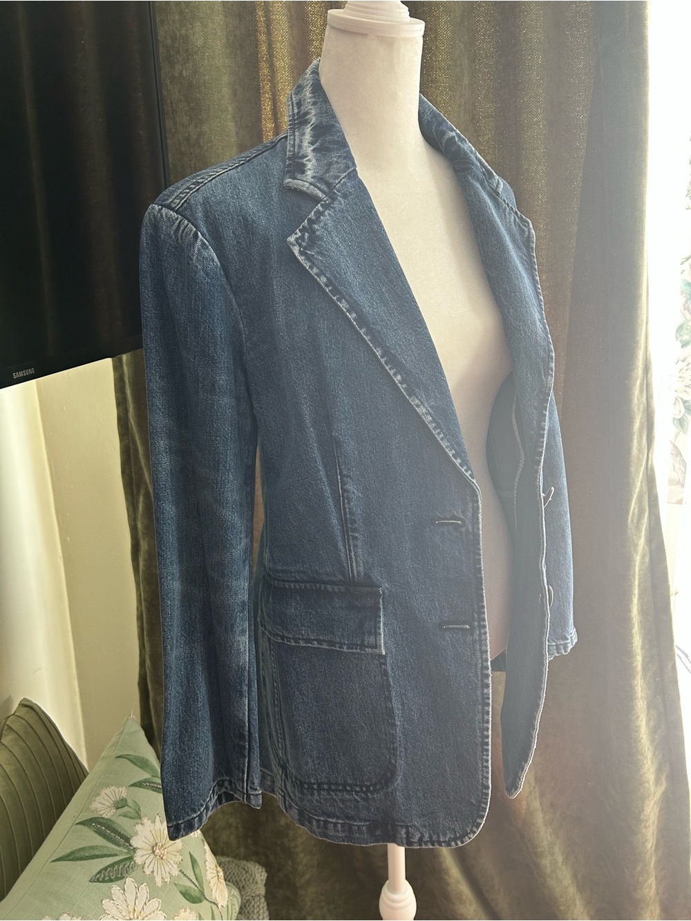 Classic Women's Dark Blue Denim Blazer Jacket